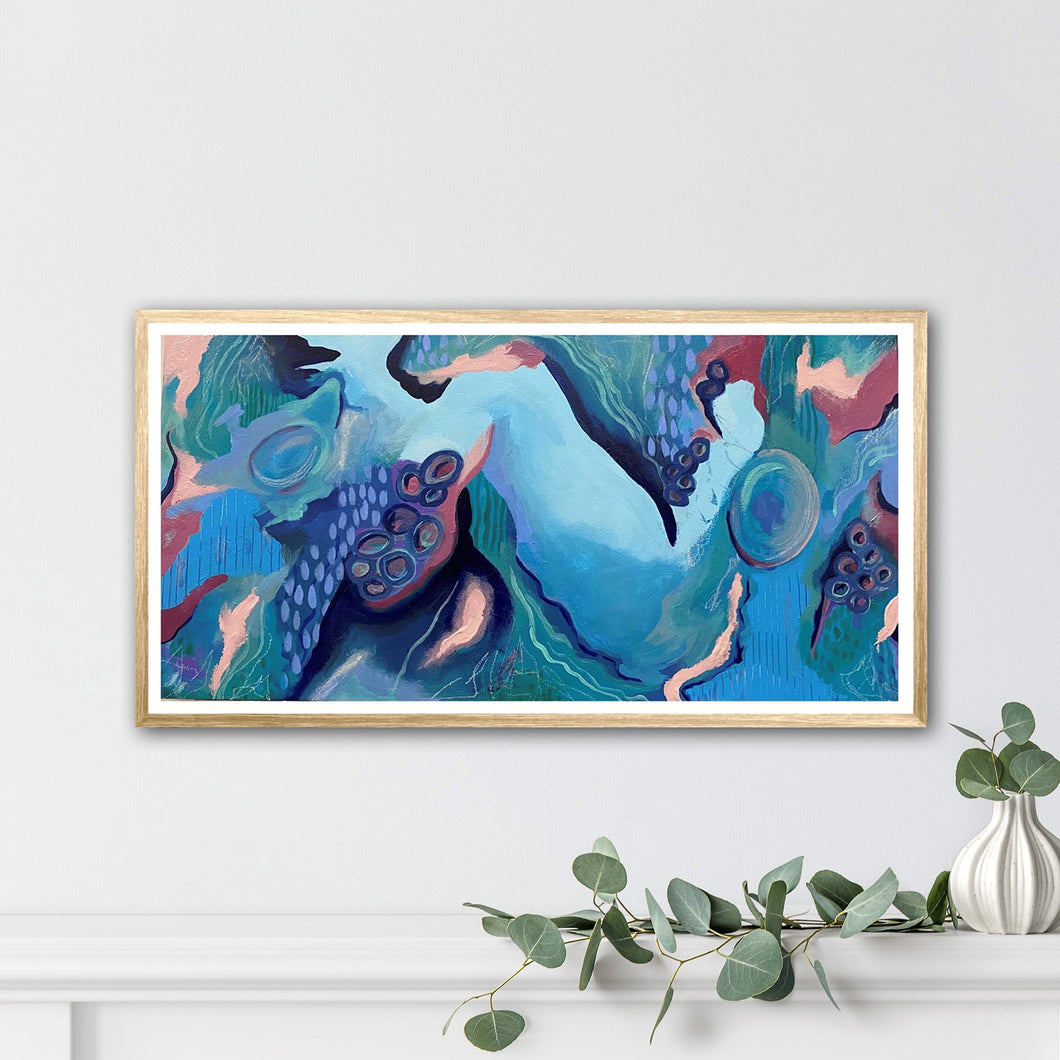 Blue Pink Abstract Oasis Original Art Framed